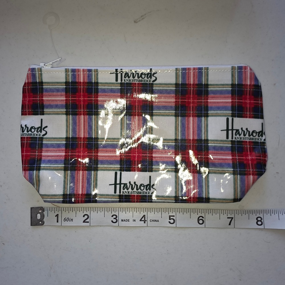 Harrods‎ Knightsbridge Mini Tartan Travel Pouch Plaid Glossy PVC Makeup Bag Red